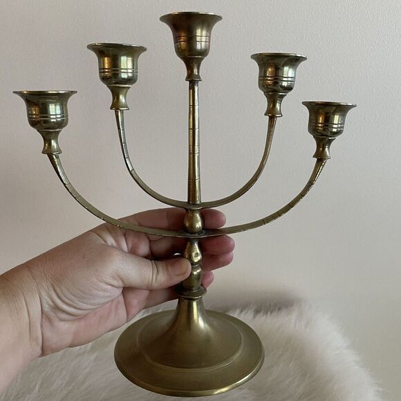 Vintage Brass Candelabra 5 Arm Candle Stick Holder 10 INCHES Golden Decor Regal - Picture 4 of 5